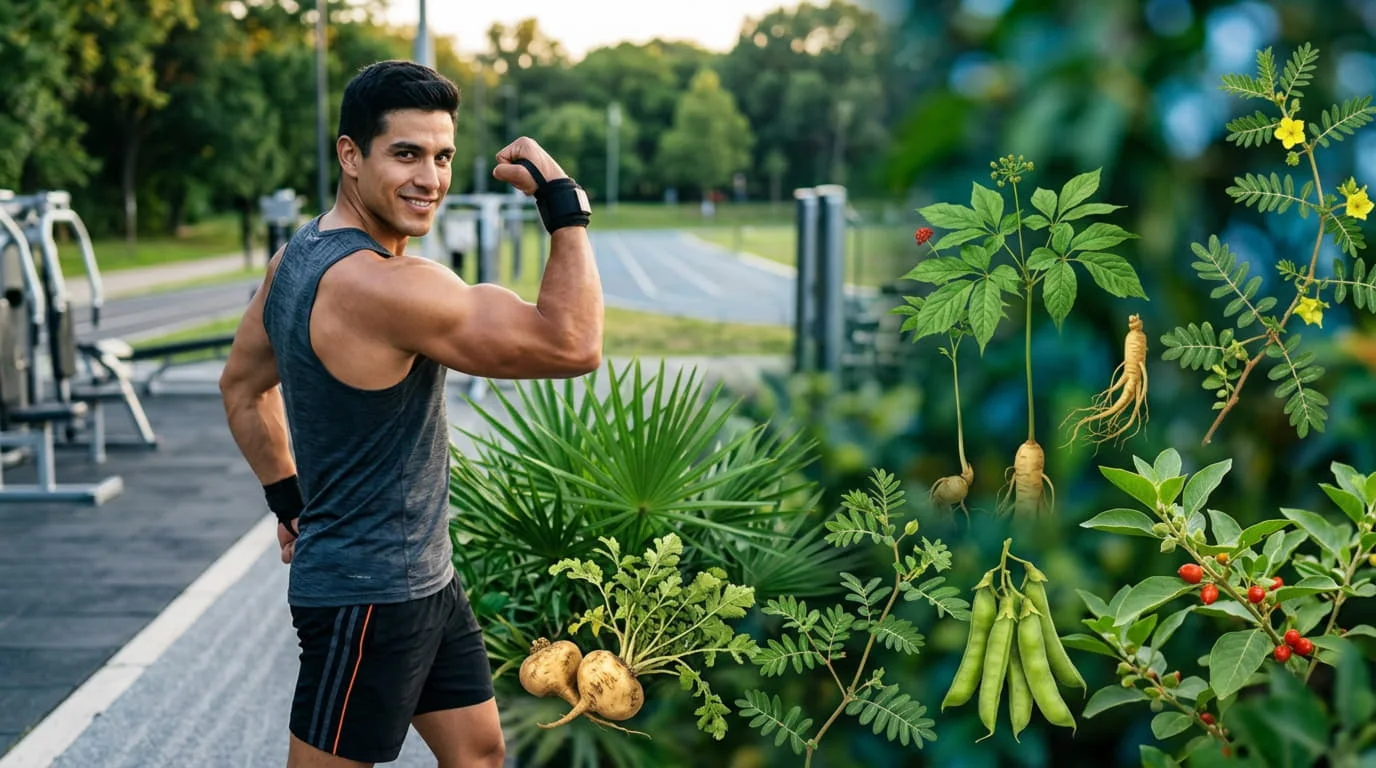 Hombre activo entrenando al aire libre, con ilustraciones de plantas tradicionales de uso masculino