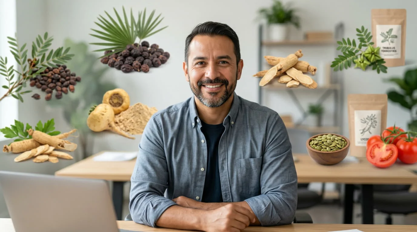 Hombre adulto en un entorno de oficina, con ilustraciones de plantas asociadas a la salud prostática