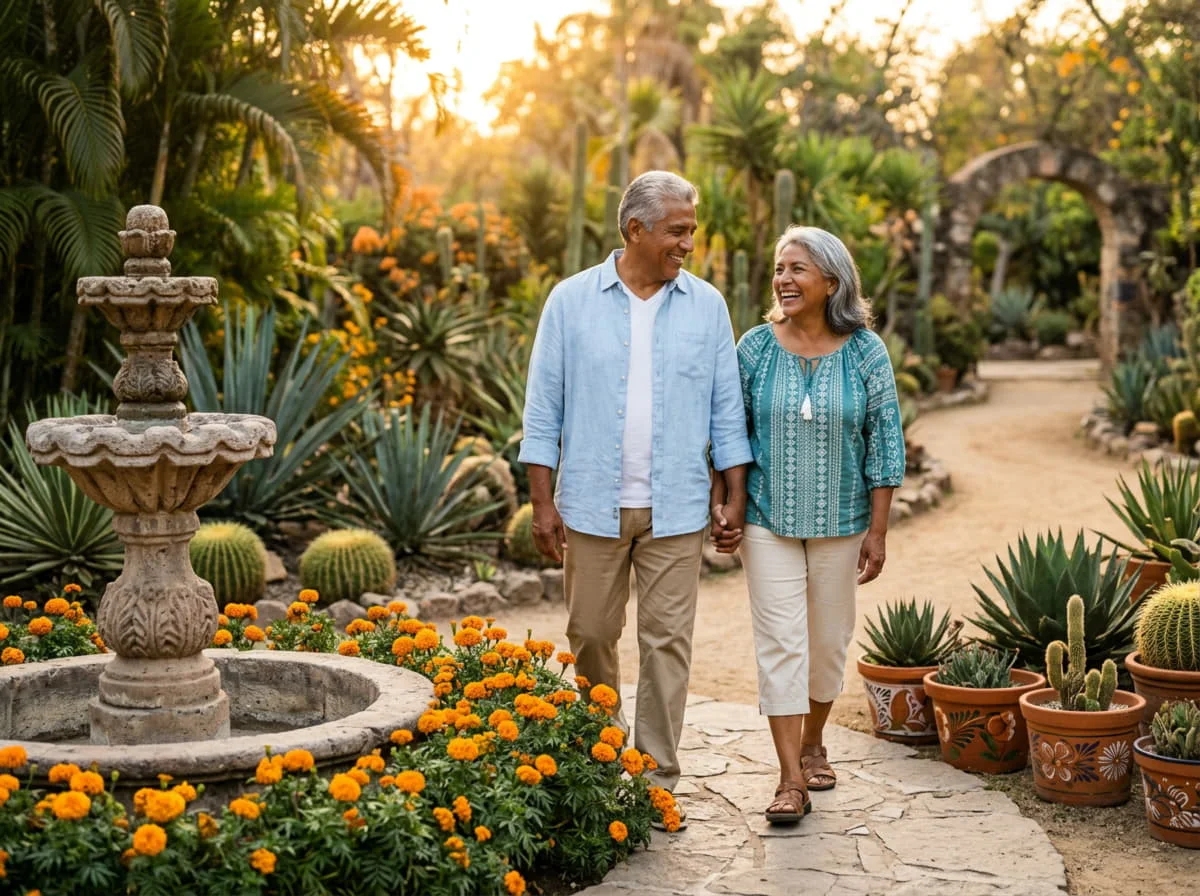 Pareja adulta mayor caminando y disfrutando de un estilo de vida activo