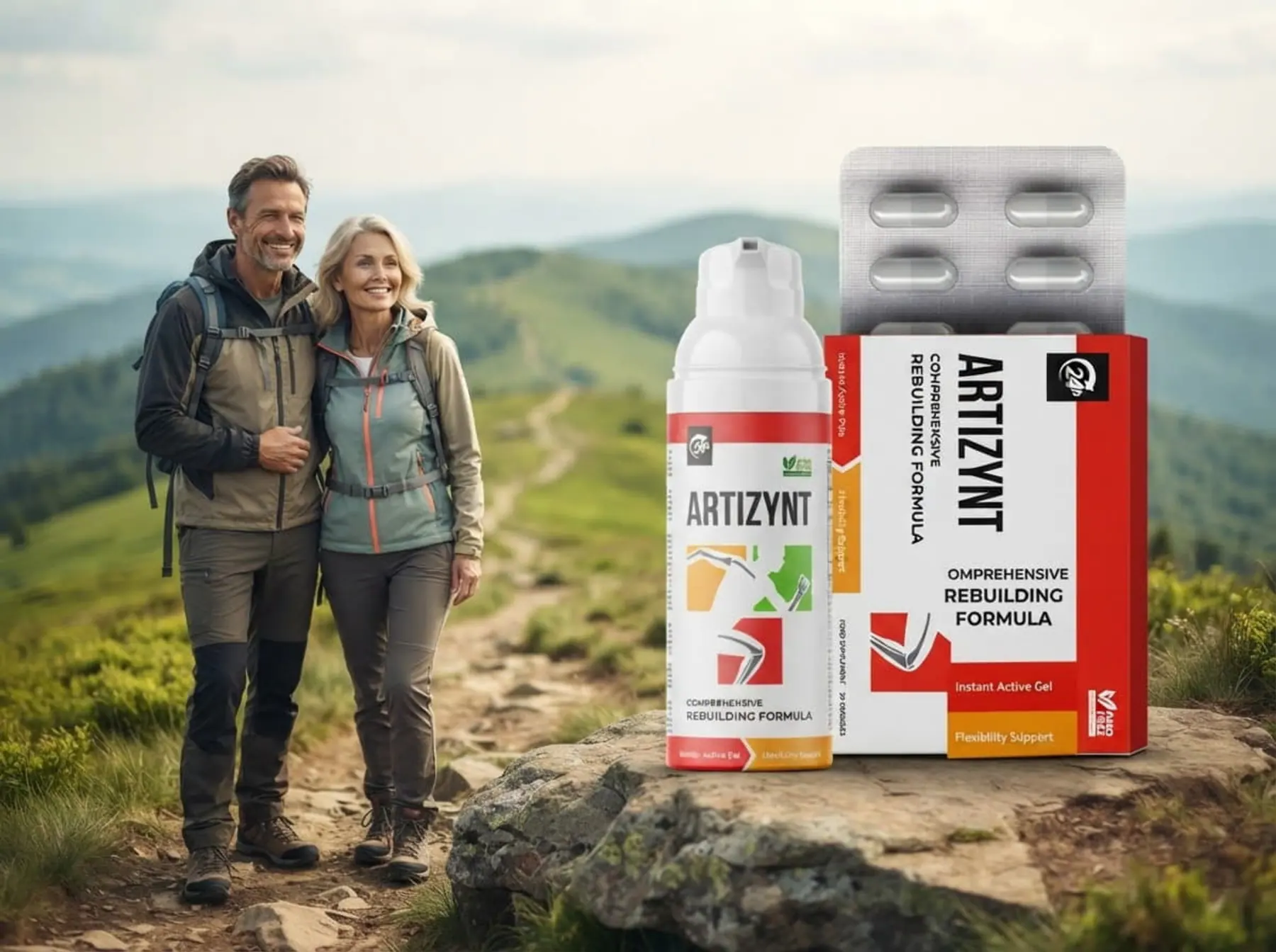 Um casal de caminhantes num trilho de montanha, ao lado das embalagens de ArtiZynt gel e cápsulas