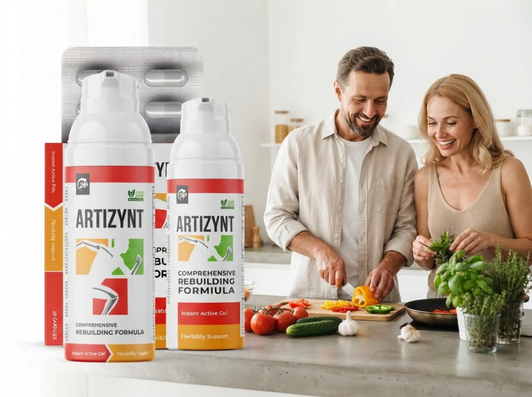 Um casal a cozinhar legumes frescos em casa, com as embalagens de ArtiZynt na bancada