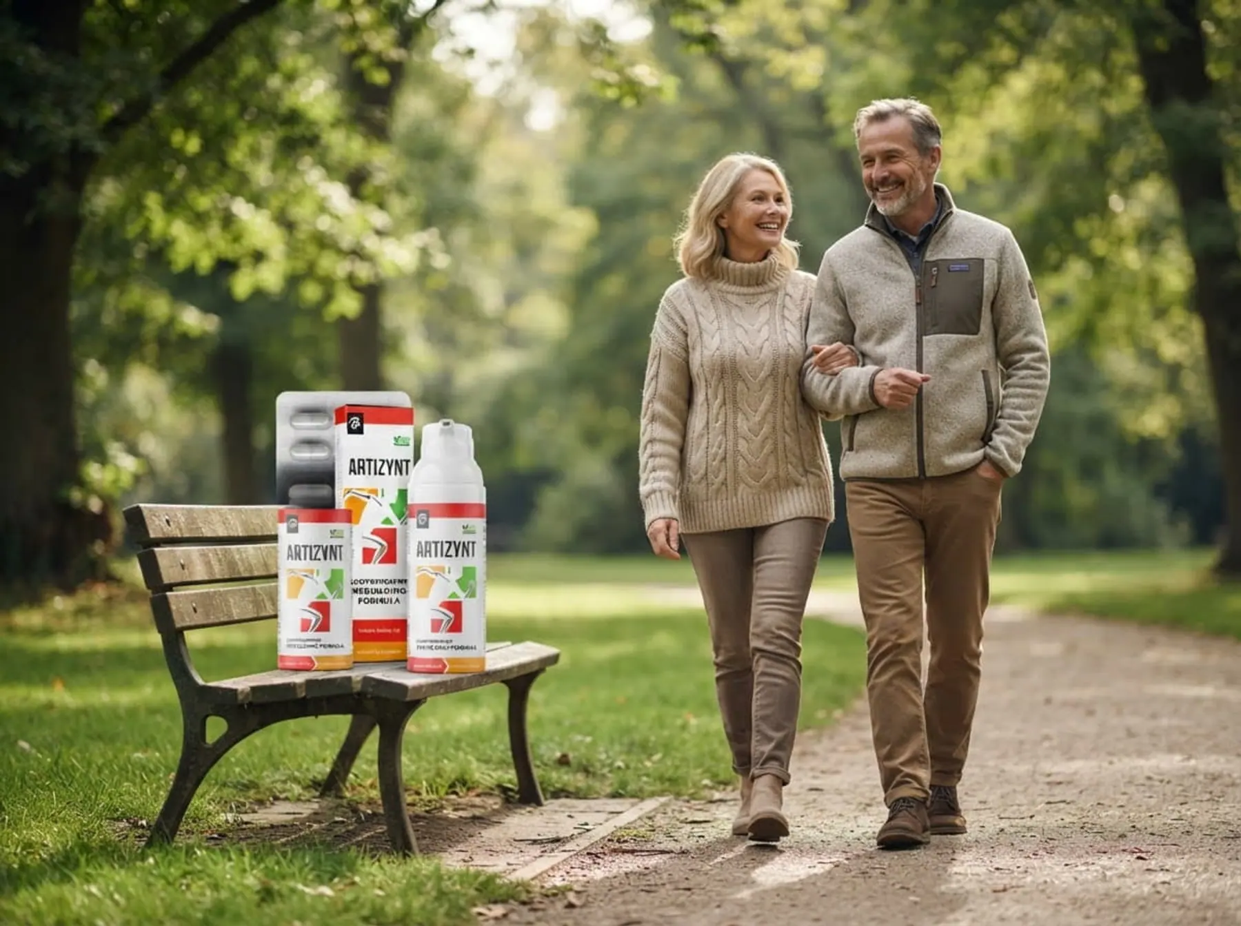 Um casal a passear num parque arborizado; num banco, as embalagens de ArtiZynt cápsulas e gel