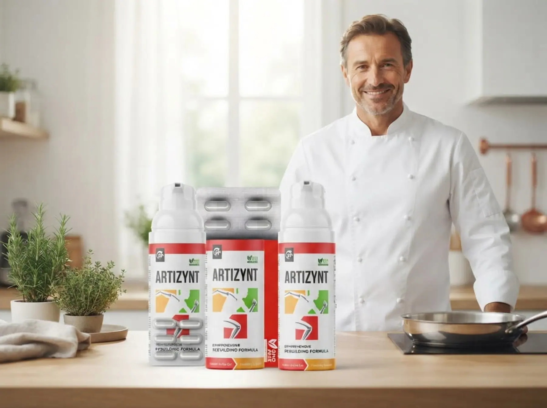Uno chef sorridente nella sua cucina, sul piano di lavoro le confezioni di ArtiZynt capsule e gel