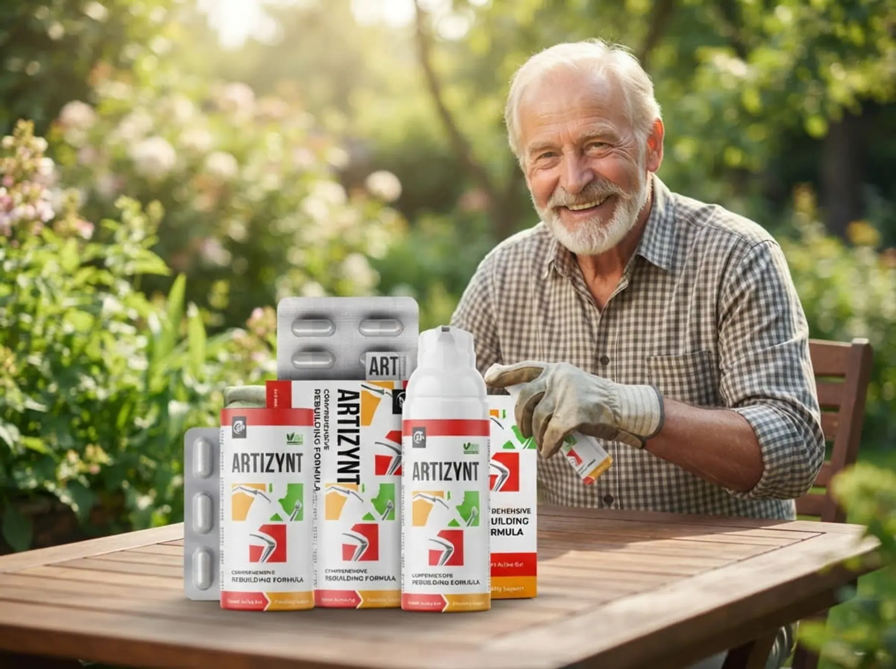 Um senhor sorridente no jardim, de luvas, junto às embalagens de ArtiZynt cápsulas e gel