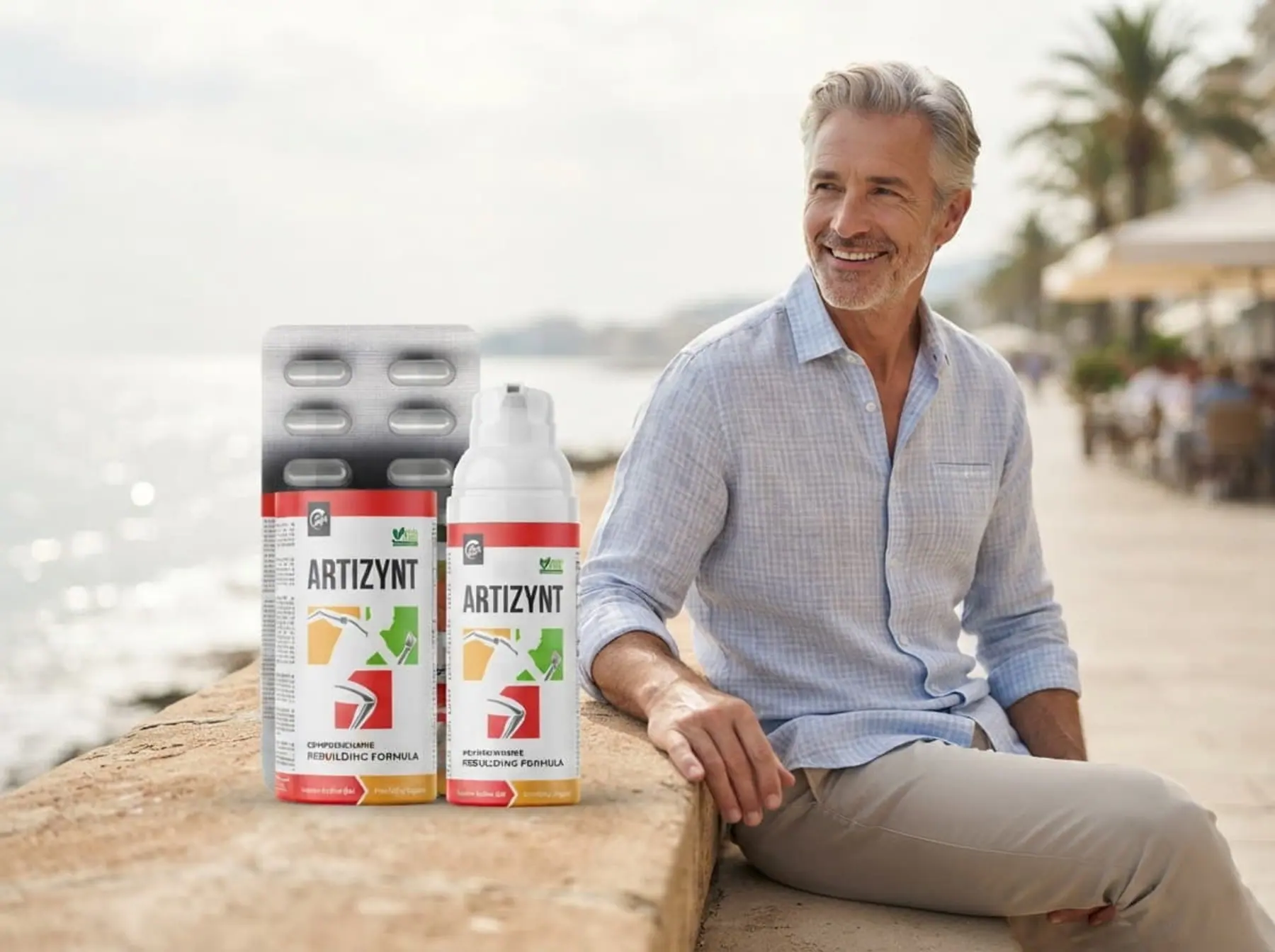Un hombre sonriente sentado en un paseo junto al mar, al lado de las cajas de ArtiZynt cápsulas y gel