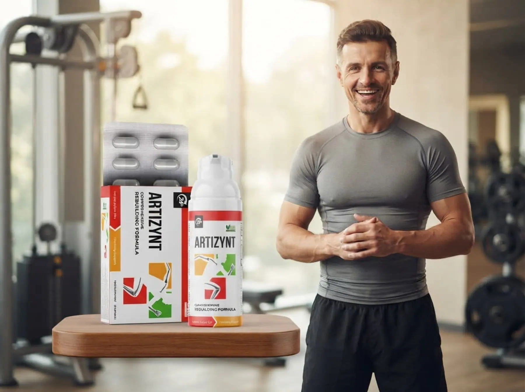 Un personal trainer sorridente in palestra, accanto al flacone di ArtiZynt gel e alla scatola delle capsule