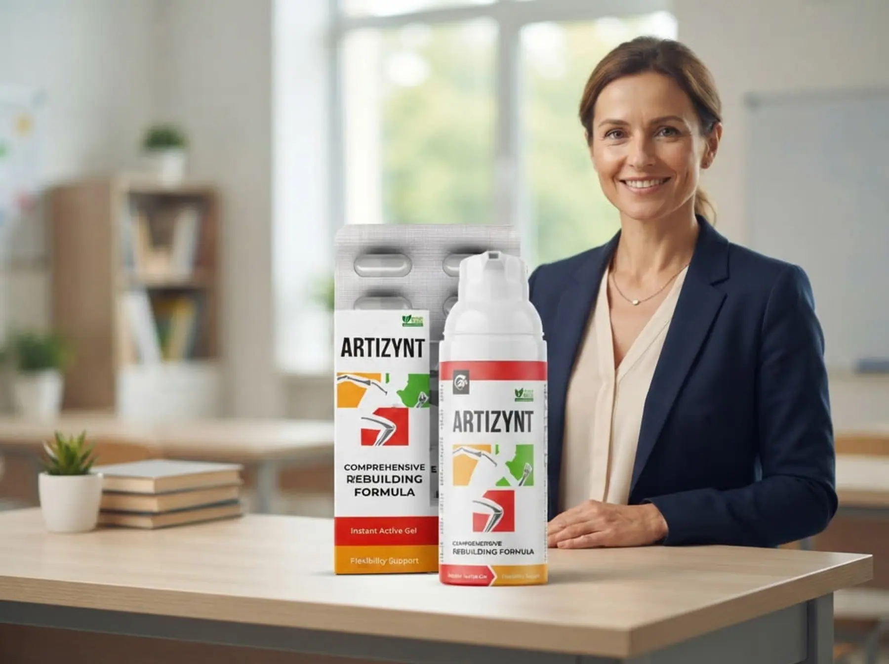 Un'insegnante sorridente alla cattedra, accanto alle confezioni di ArtiZynt capsule e gel
