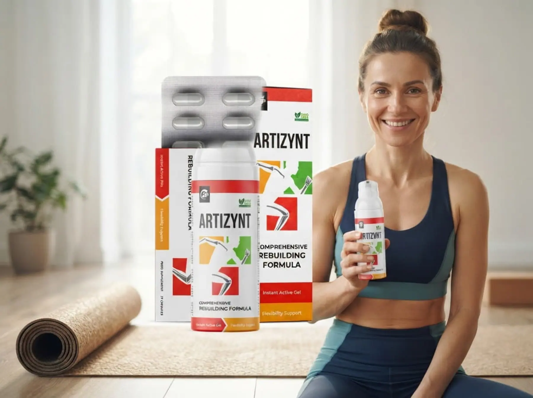 Una mujer sonriente con ropa deportiva junto a la esterilla, con un frasco de ArtiZynt gel en la mano y las cajas a su lado