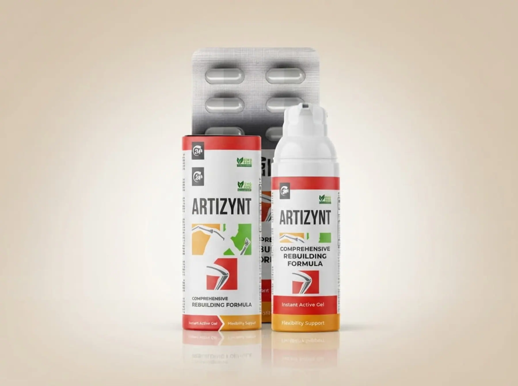 La caja de ArtiZynt cápsulas con su blíster y el frasco de ArtiZynt gel sobre un fondo claro