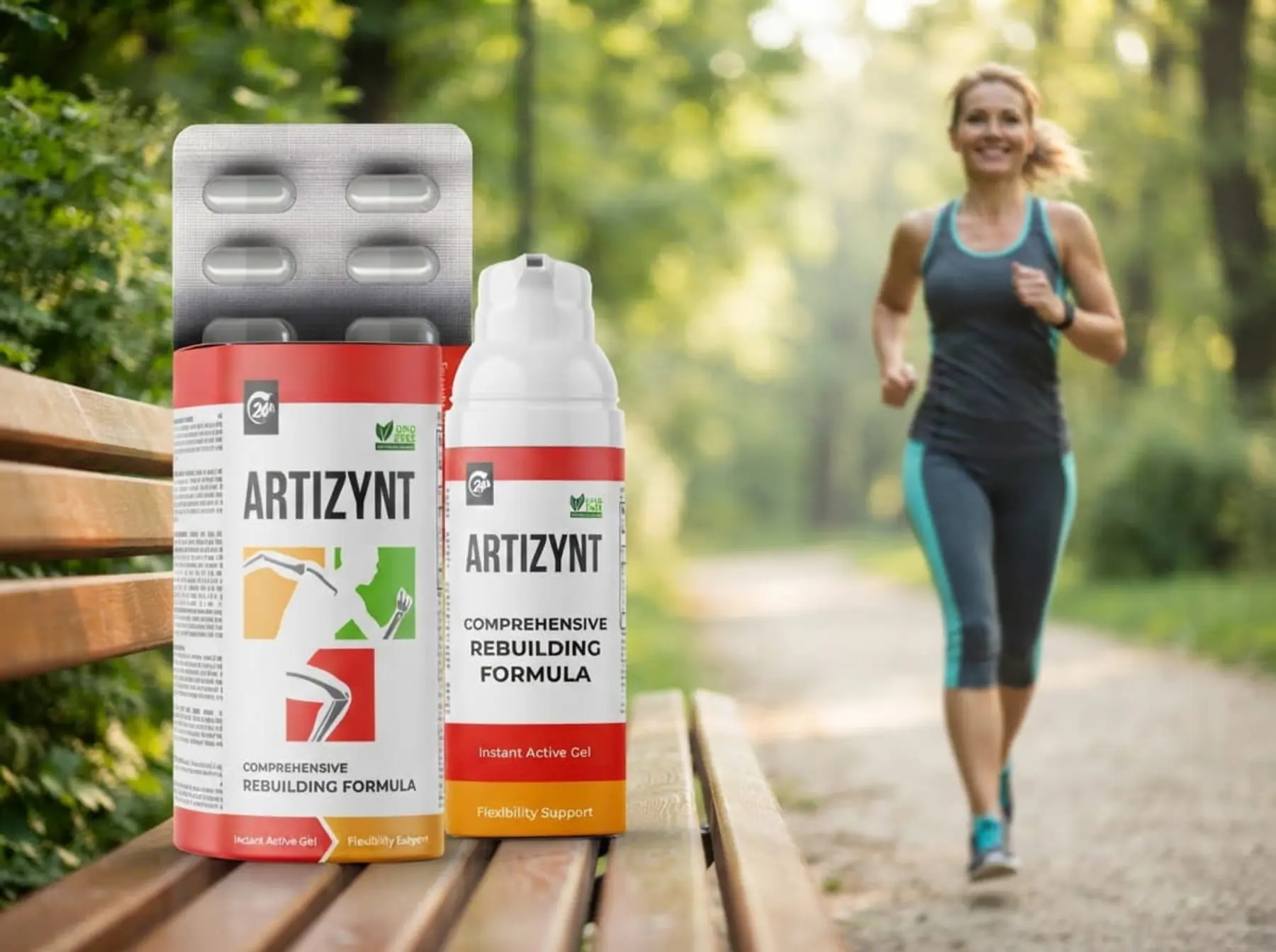 Una mujer corre por un camino del parque; en el banco, las cajas de ArtiZynt cápsulas y gel