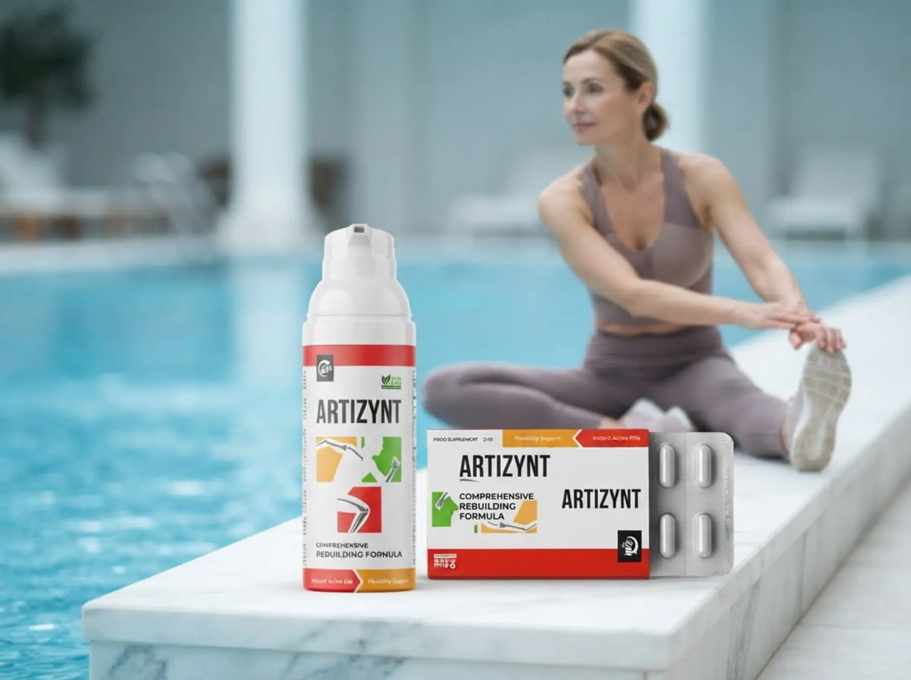 Uma mulher faz alongamentos junto à piscina; em primeiro plano, o frasco e a caixa de ArtiZynt