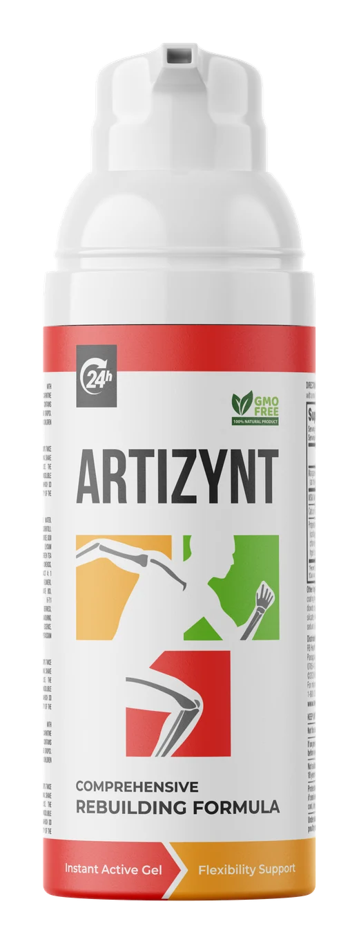 Frasco de ArtiZynt gel com doseador e rótulo Instant Active Gel e Flexibility Support