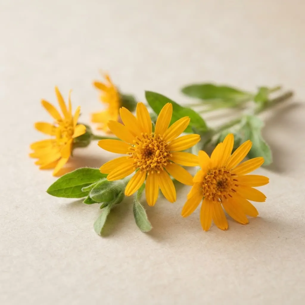 Flores amarelas de arnica com folhas verdes