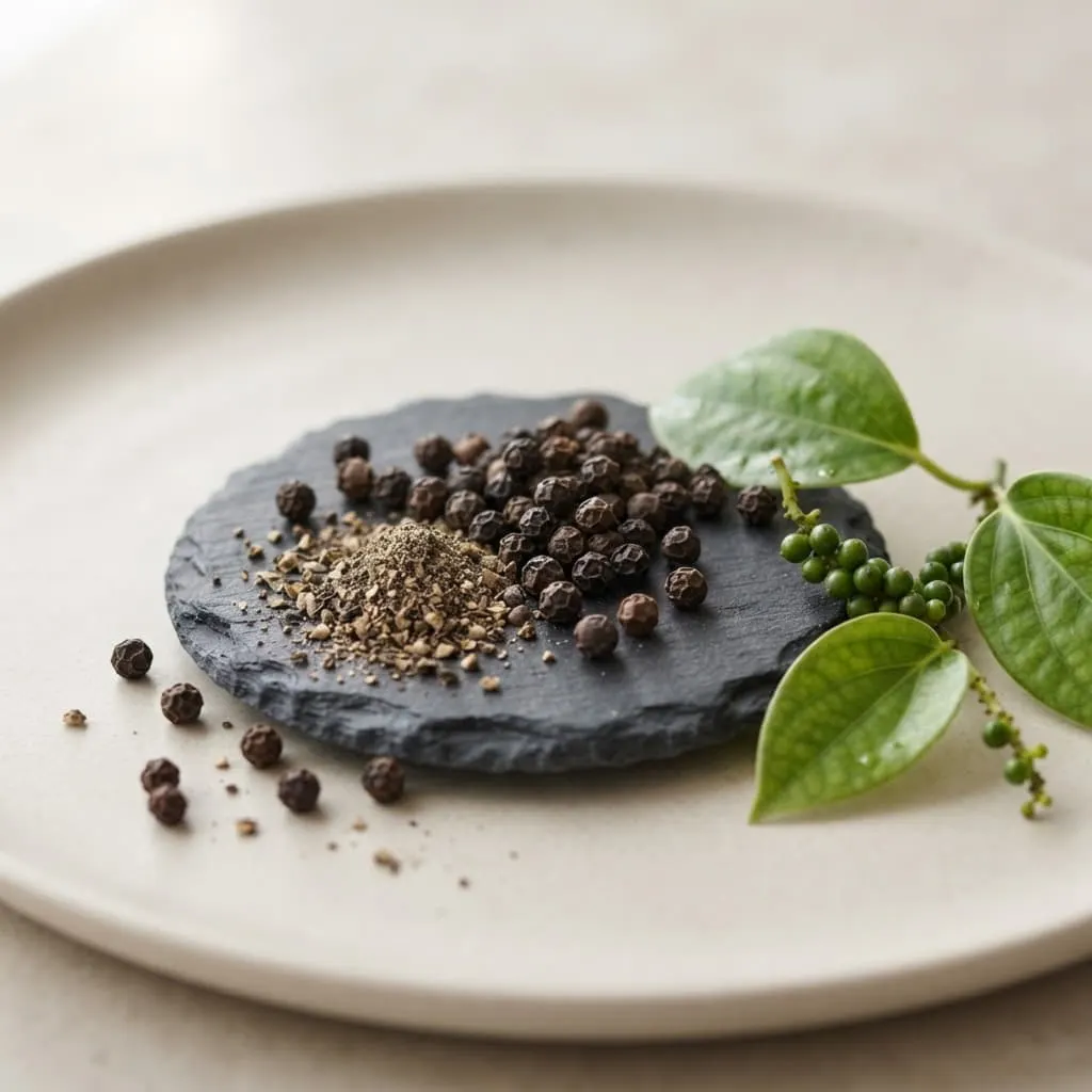 Grãos de pimenta-preta sobre uma pedra de ardósia, com folhas verdes