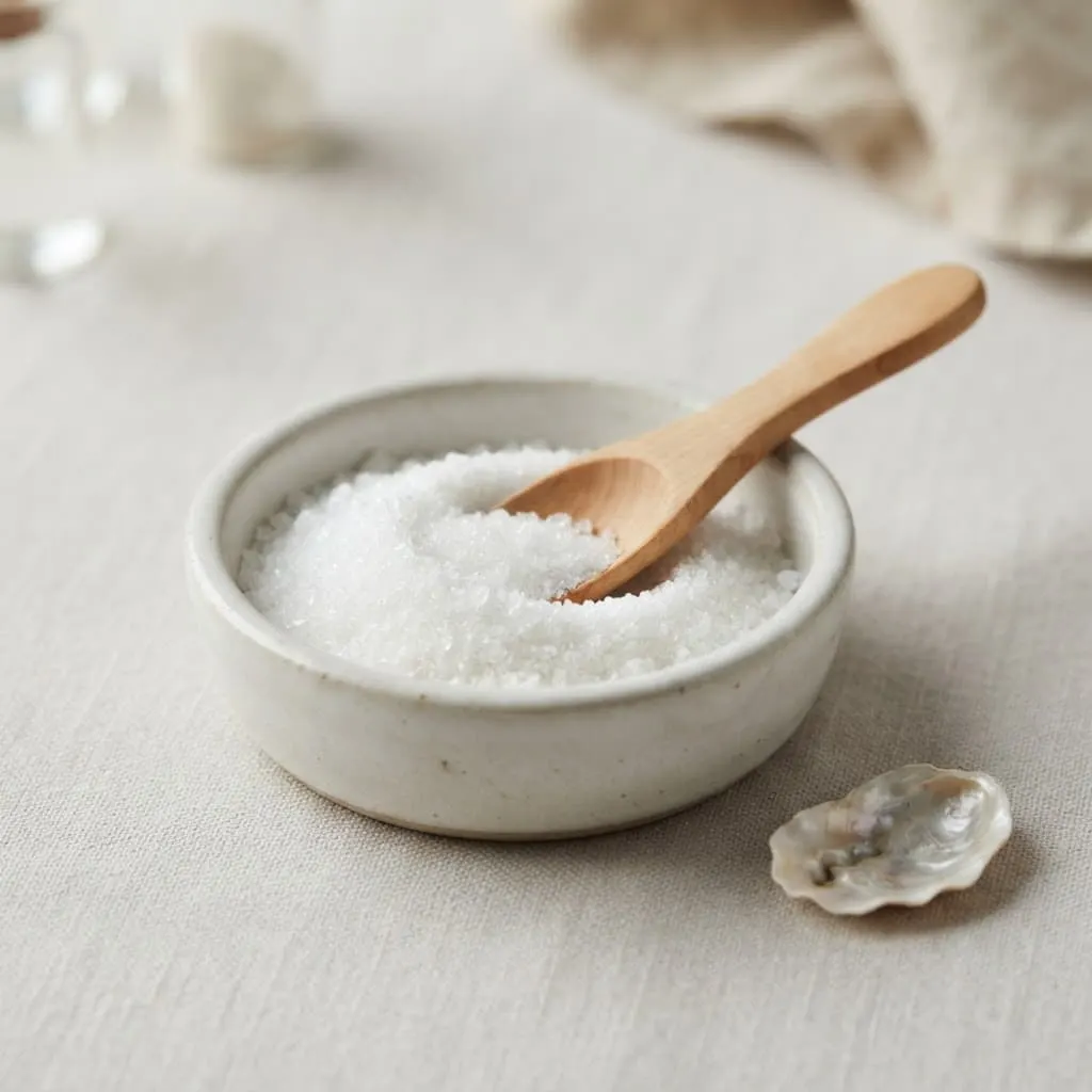 Ciotola di glucosammina in cristalli con un cucchiaio di legno e una conchiglia