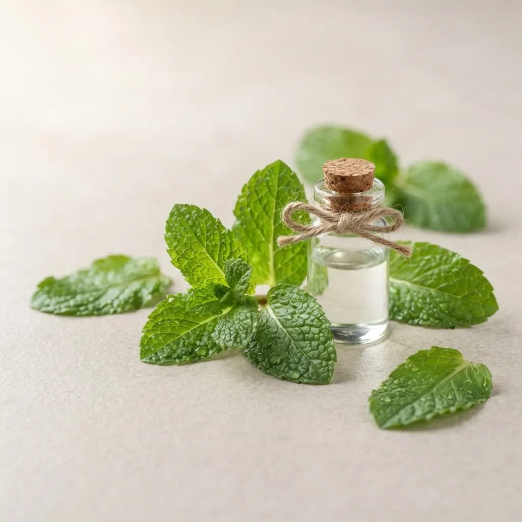 Foglie di menta piperita fresche e una boccetta di olio essenziale