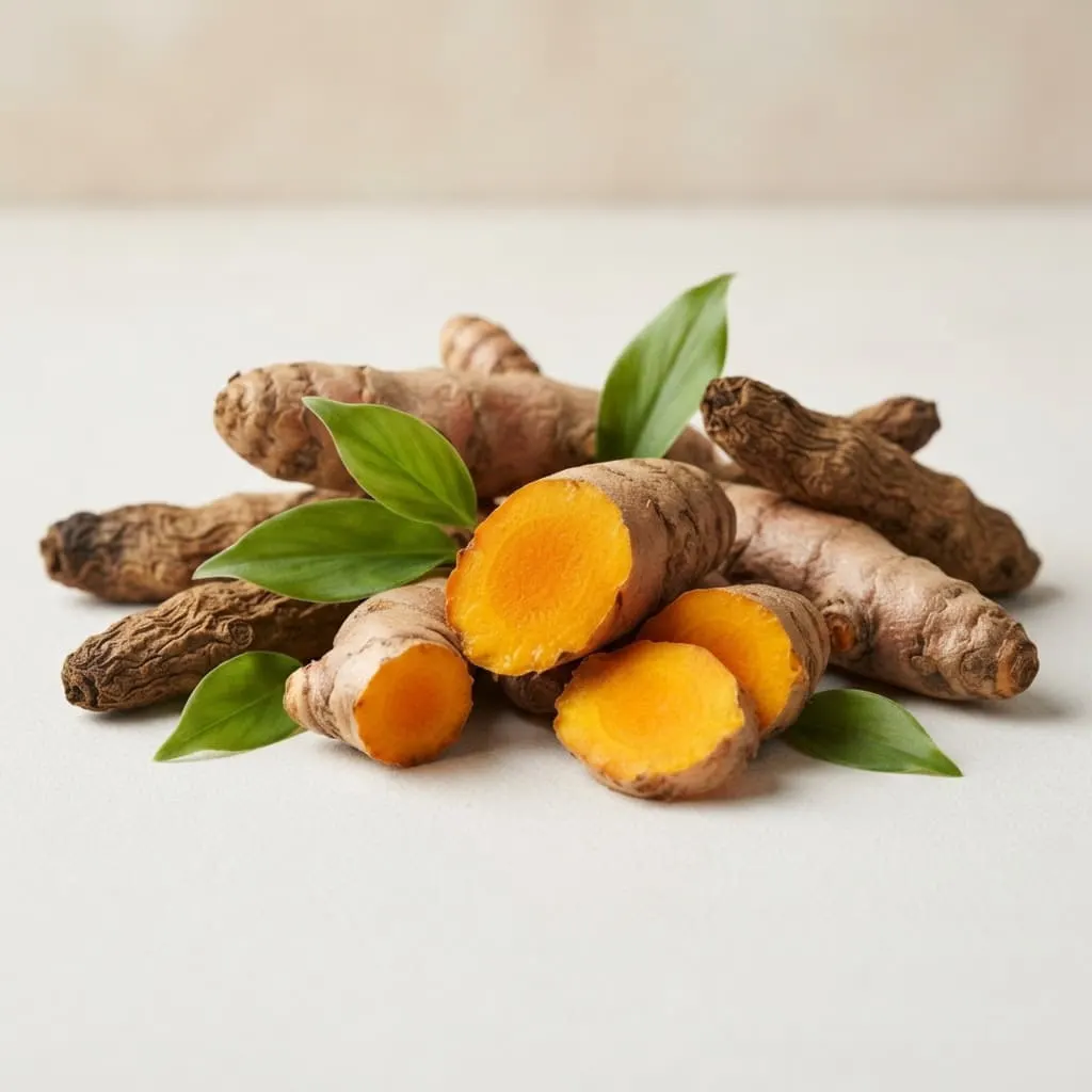 Raízes de curcuma frescas, uma delas cortada a mostrar o interior cor de laranja