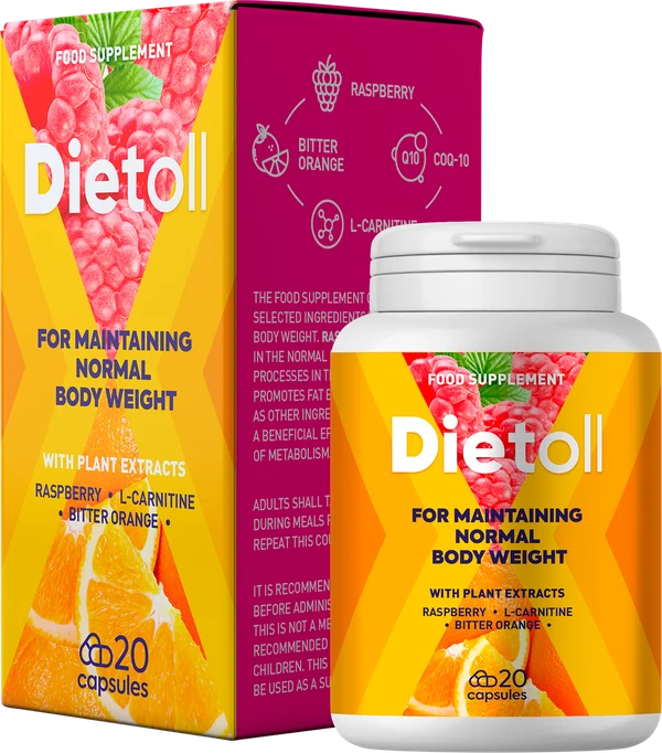Dietoll: bote y caja con 20 cápsulas, frambuesa, L-carnitina y naranja amarga