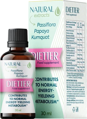 Dietter: frasco cuentagotas de 30 ml y caja con pasiflora, papaya y kumquat