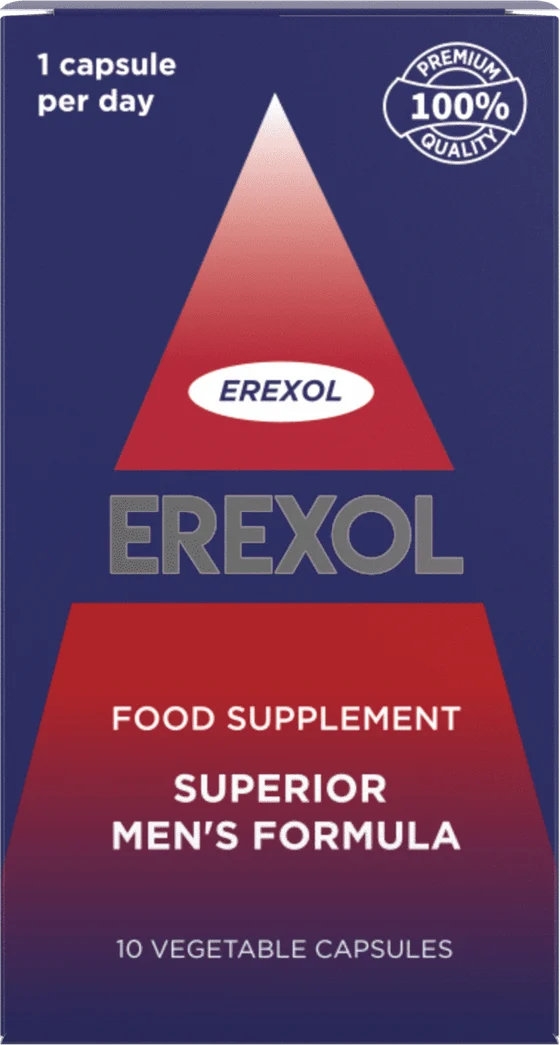 Caja azul y roja de Erexol: complemento alimenticio «Superior men’s formula», 10 cápsulas vegetales, 1 cápsula al día