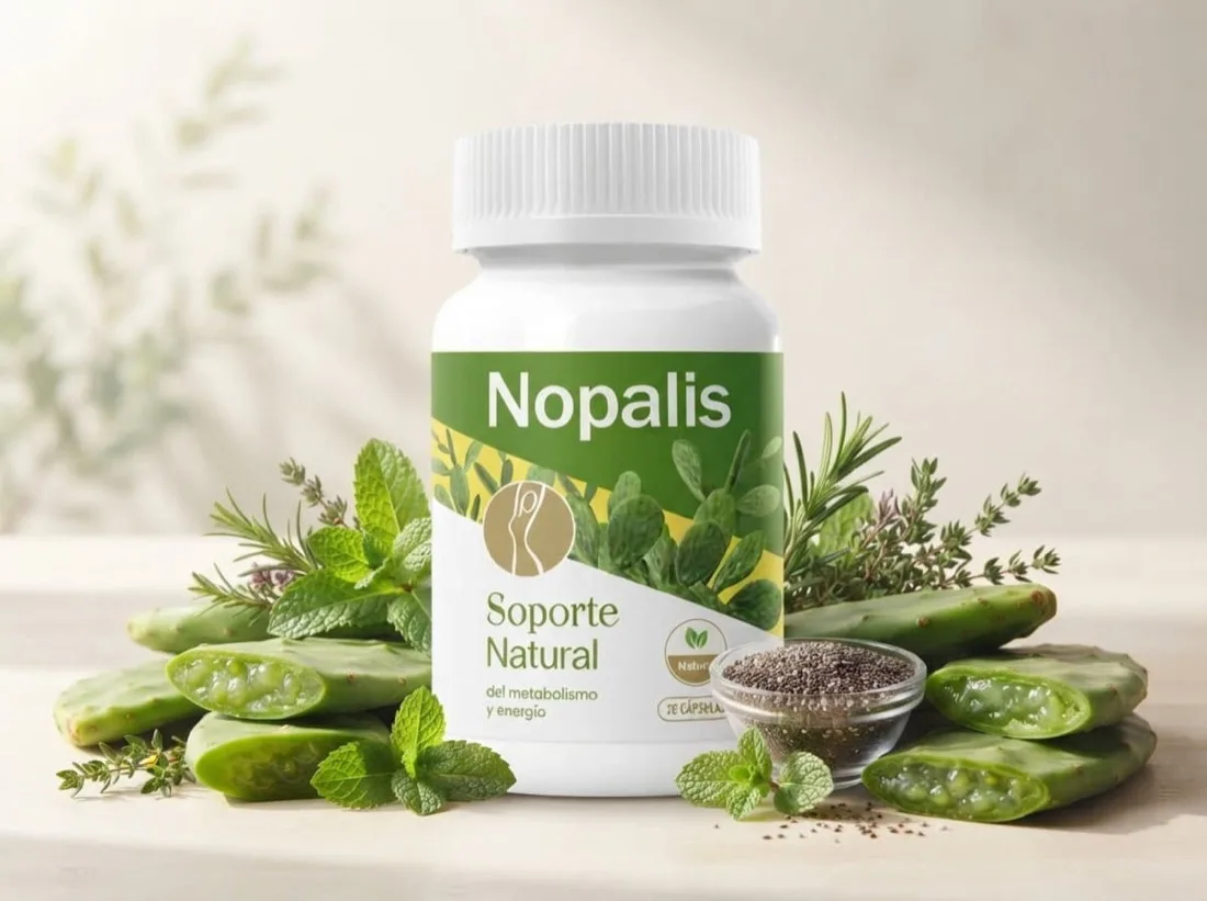 Frasco de Nopalis rodeado de pencas de nopal, hierbas frescas y semillas de chía