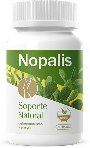 Frasco de Nopalis, complemento alimenticio mexicano a base de nopal, con 20 cápsulas